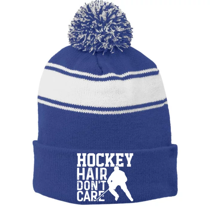 Hockey Hair Dont Care Hockey Player Gift Stripe Pom Pom Beanie