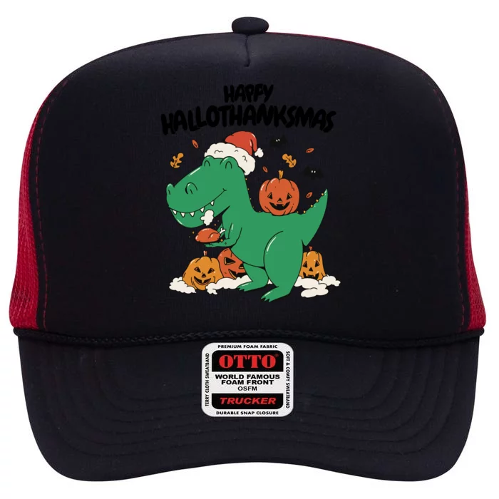 Happy Hallothanksmas Dinosaur Holiday High Crown Mesh Trucker Hat