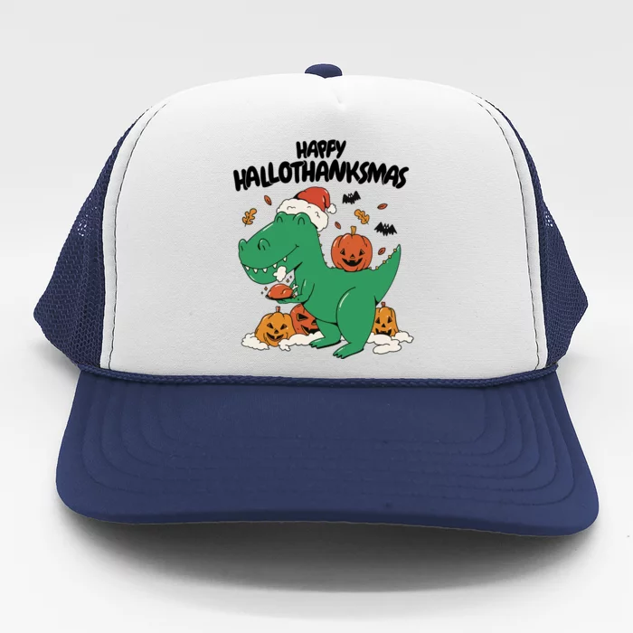 Happy Hallothanksmas Dinosaur Holiday Trucker Hat