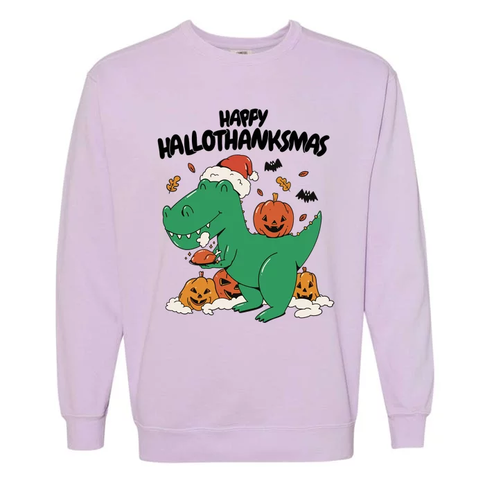 Happy Hallothanksmas Dinosaur Holiday Garment-Dyed Sweatshirt