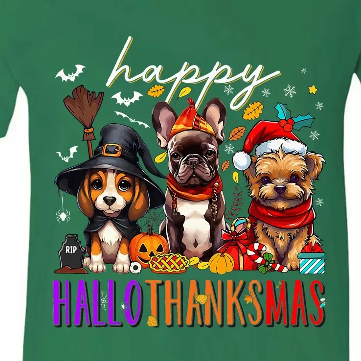 Happy Hallothanksmas Dogs Halloween Thanksgiving Christmas V-Neck T-Shirt