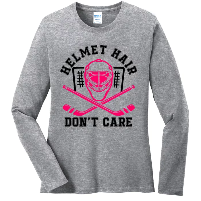 Helmet Hair DonT Care Funny Pink Hockey Mask Gift Ladies Long Sleeve Shirt