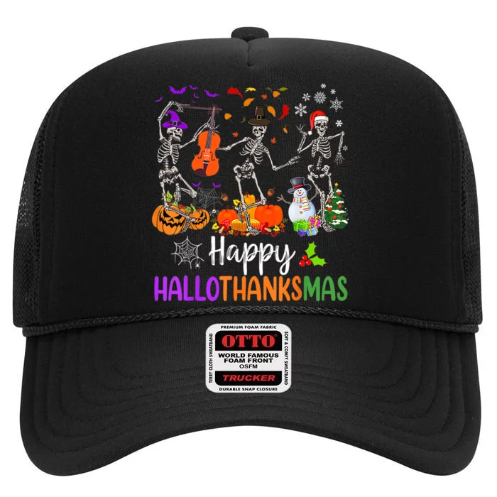 Happy HalloThanksMas Dancing Skeleton Halloween Thanksgiving High Crown Mesh Trucker Hat