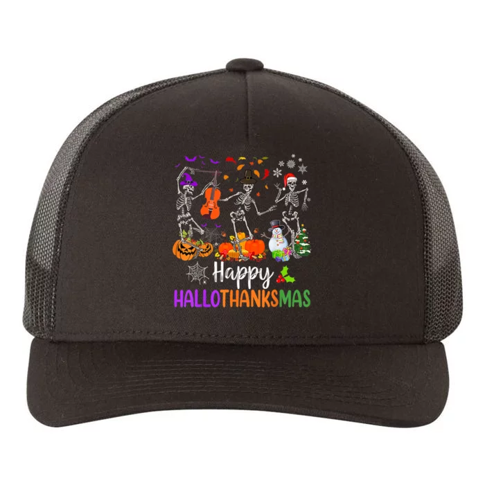 Happy HalloThanksMas Dancing Skeleton Halloween Thanksgiving Yupoong Adult 5-Panel Trucker Hat