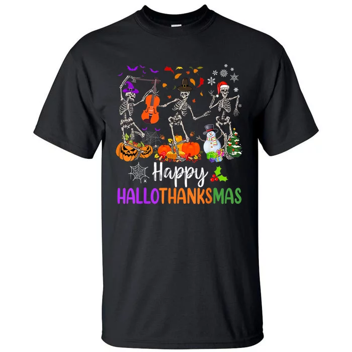 Happy HalloThanksMas Dancing Skeleton Halloween Thanksgiving Tall T-Shirt