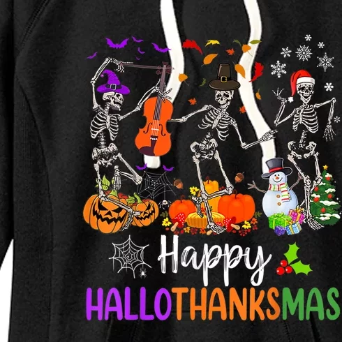 Happy HalloThanksMas Dancing Skeleton Halloween Thanksgiving Women's Fleece Hoodie