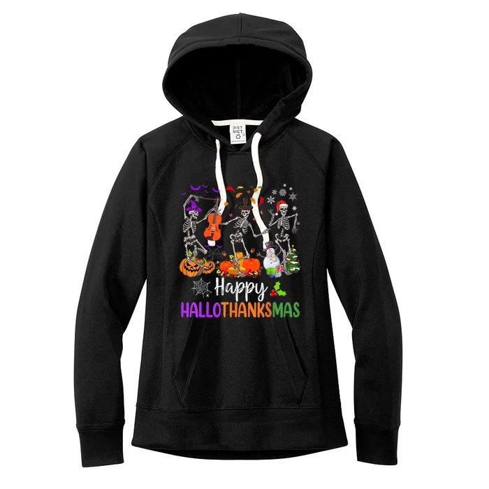 Happy HalloThanksMas Dancing Skeleton Halloween Thanksgiving Women's Fleece Hoodie