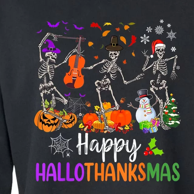 Happy HalloThanksMas Dancing Skeleton Halloween Thanksgiving Cropped Pullover Crew