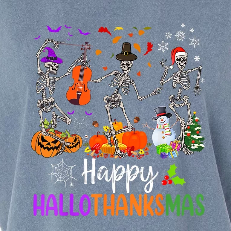 Happy HalloThanksMas Dancing Skeleton Halloween Thanksgiving Garment-Dyed Women's Muscle Tee