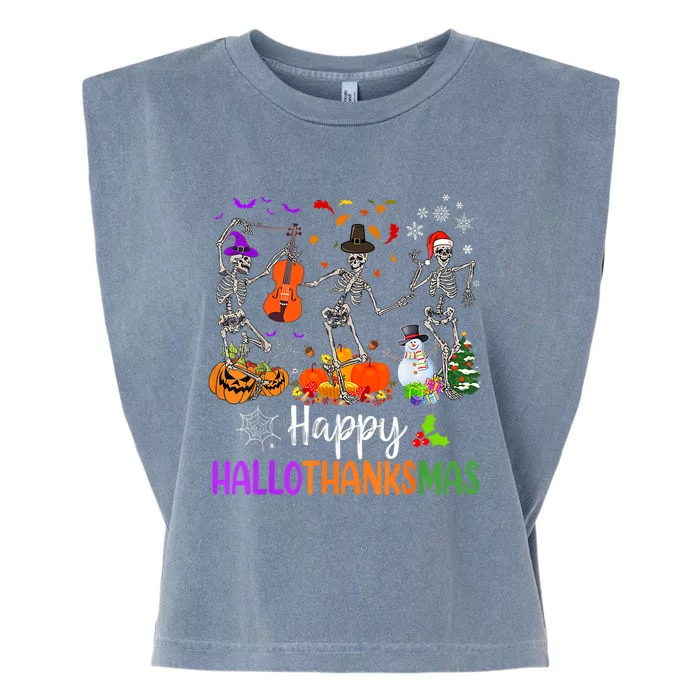 Happy HalloThanksMas Dancing Skeleton Halloween Thanksgiving Garment-Dyed Women's Muscle Tee