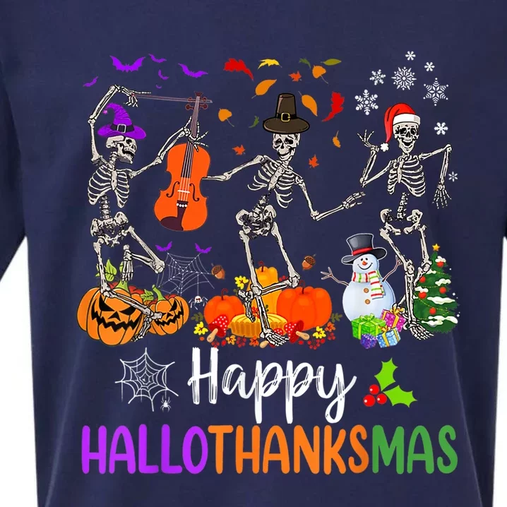 Happy HalloThanksMas Dancing Skeleton Halloween Thanksgiving Sueded Cloud Jersey T-Shirt