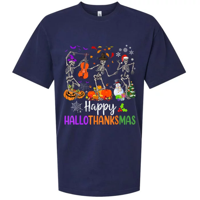 Happy HalloThanksMas Dancing Skeleton Halloween Thanksgiving Sueded Cloud Jersey T-Shirt