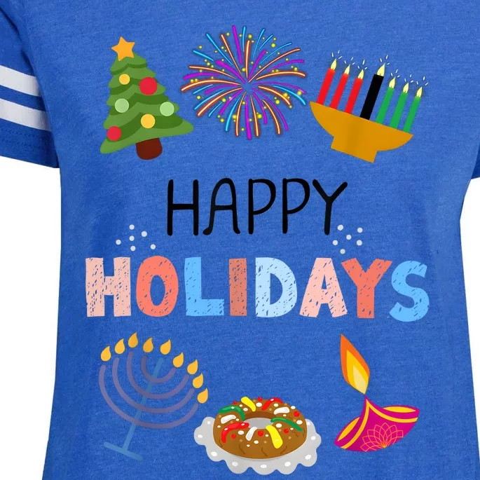 Happy Holidays Diwali Kwanzaa Hanukkah Christmas Enza Ladies Jersey Football T-Shirt