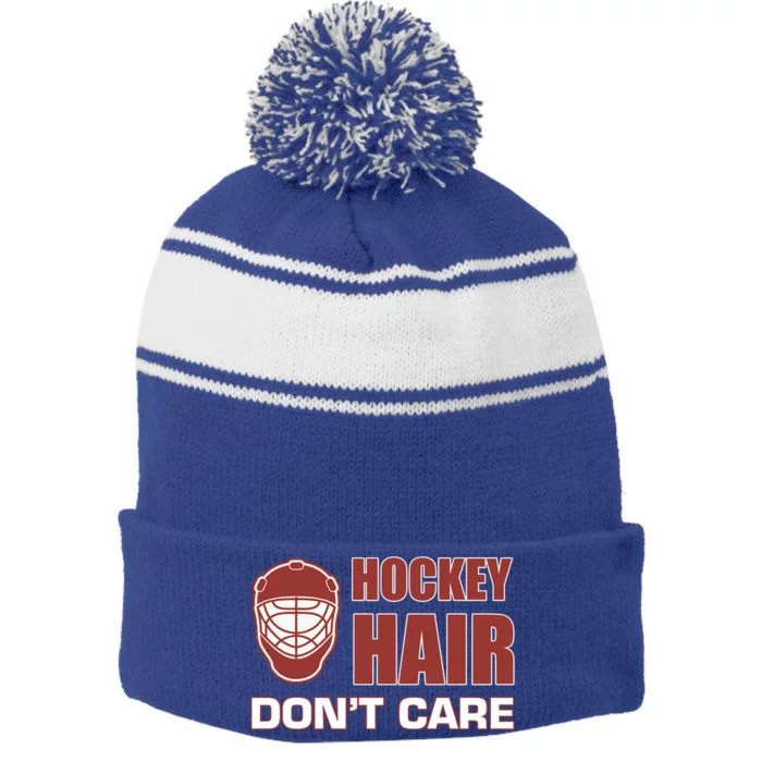 Hockey Hair DonT Care Adult Stick Goalie Rink Sports Cool Gift Stripe Pom Pom Beanie