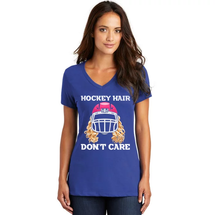 Hockey Hair Dont Care Ice Puck Player Gift Women's V-Neck T-Shirt