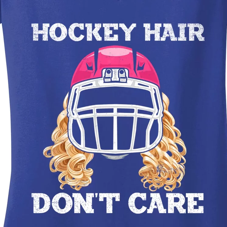 Hockey Hair Dont Care Ice Puck Player Gift Women's V-Neck T-Shirt