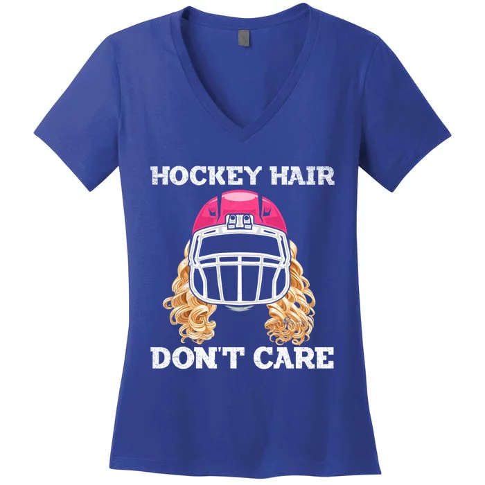 Hockey Hair Dont Care Ice Puck Player Gift Women's V-Neck T-Shirt