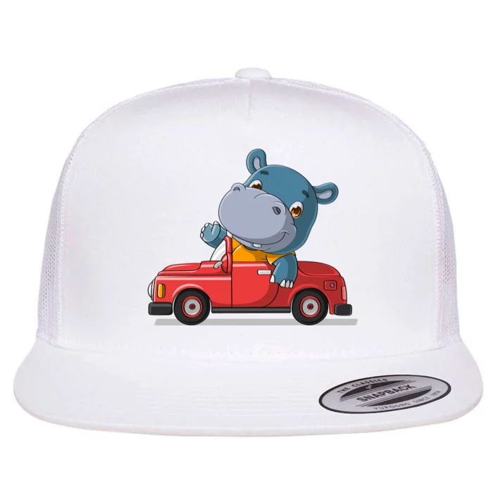 Happy Hippo Drive A Car Flat Bill Trucker Hat