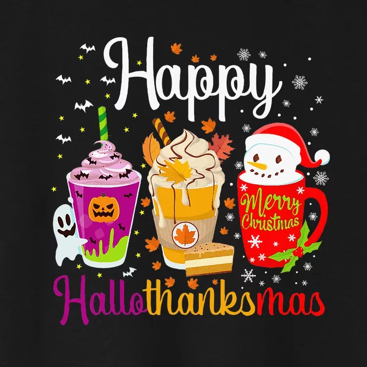 Happy Hallothanksmas Drinks Halloween Thanksgiving Christmas Women's Crop Top Tee