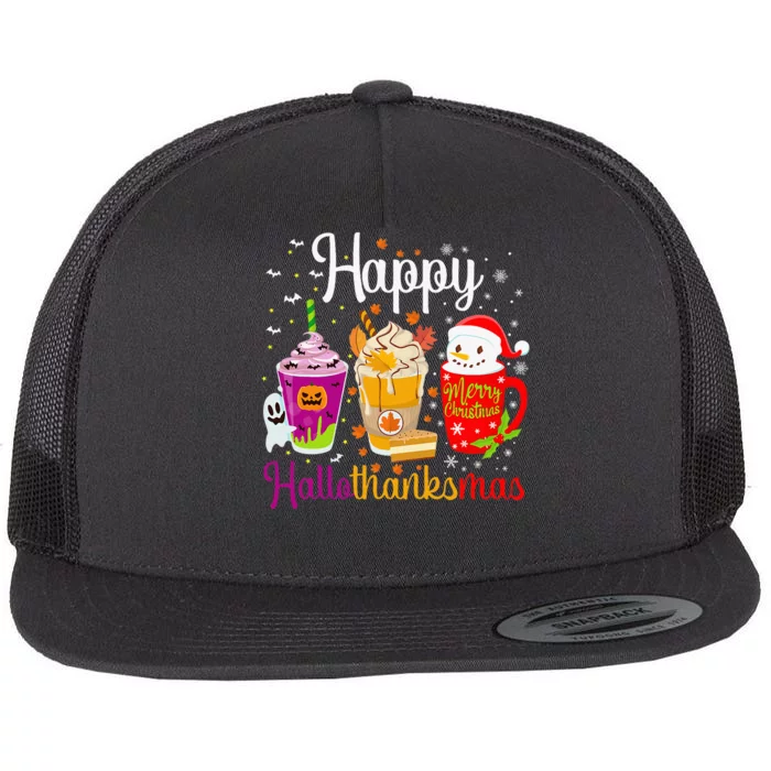 Happy Hallothanksmas Drinks Halloween Thanksgiving Christmas Flat Bill Trucker Hat