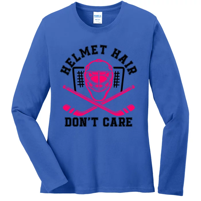 Helmet Hair Dont Care Funny Pink Hockey Mask Cool Gift Ladies Long Sleeve Shirt