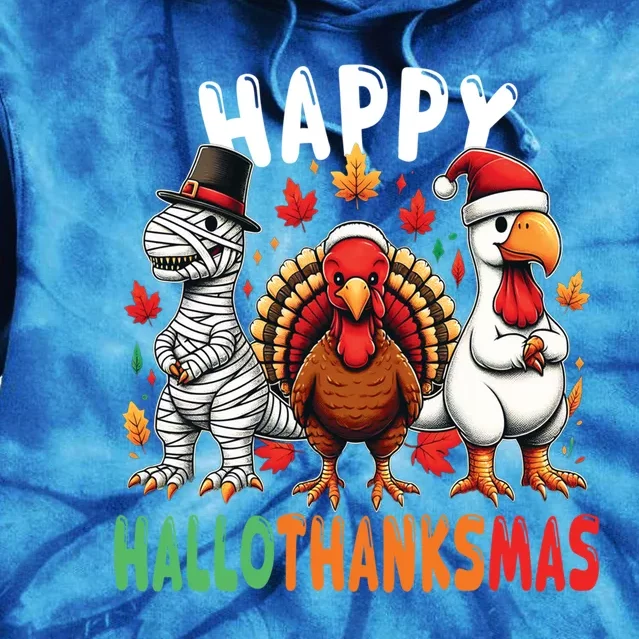 Happy Hallothanksmas Dinosaur Thanksgiving Trex Turkey Gift Tie Dye Hoodie