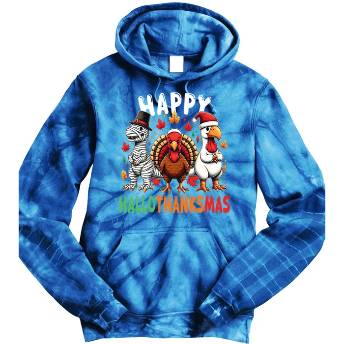 Happy Hallothanksmas Dinosaur Thanksgiving Trex Turkey Gift Tie Dye Hoodie