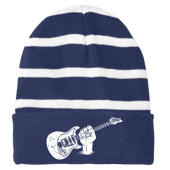 Hand Holding Electric Guitar Musician Musical Striped Beanie with Solid Band