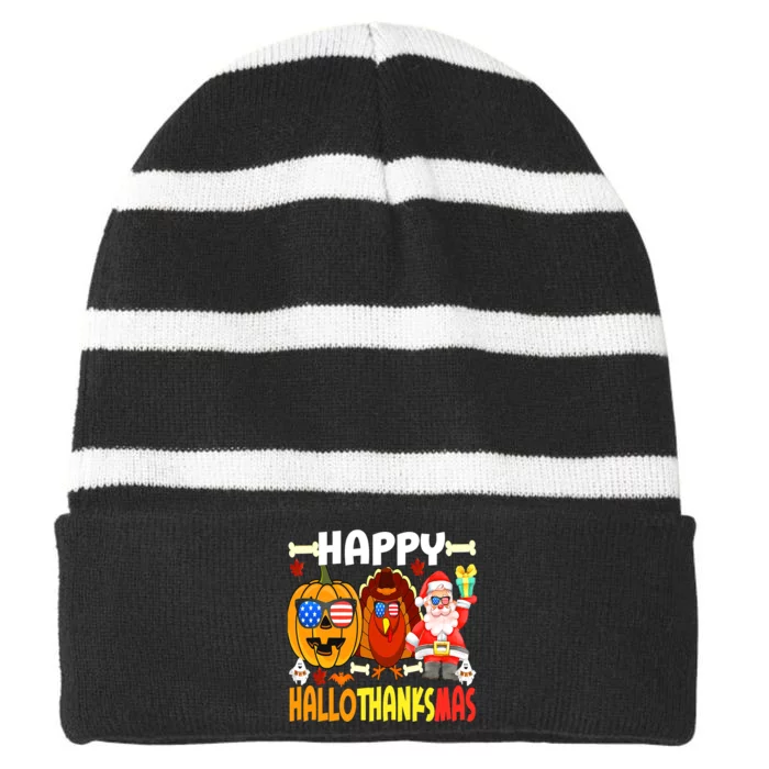 Happy HalloThanksMas Funny Pumpkin Striped Beanie with Solid Band