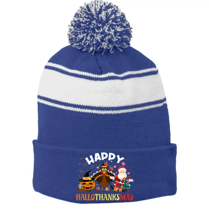 Happy Hallothanksmas Funny Halloween Thanksgiving Christmas Stripe Pom Pom Beanie