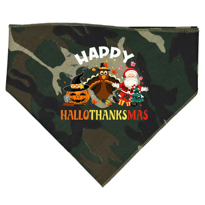 Happy Hallothanksmas Funny Halloween Thanksgiving Christmas USA-Made Doggie Bandana