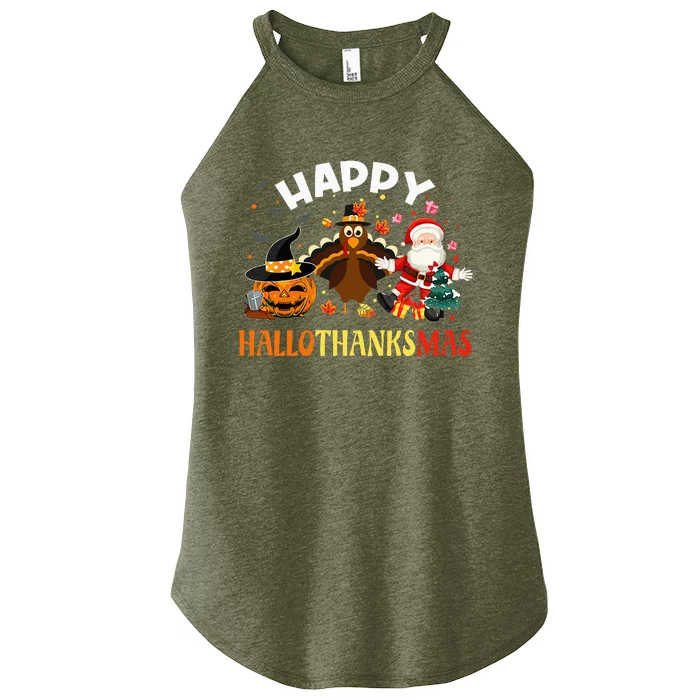 Happy Hallothanksmas Funny Halloween Thanksgiving Christmas Women’s Perfect Tri Rocker Tank