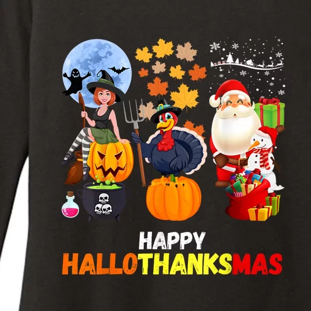 Happy Hallothanksmas Funny Halloween Thanksgiving Christmas Womens CVC Long Sleeve Shirt