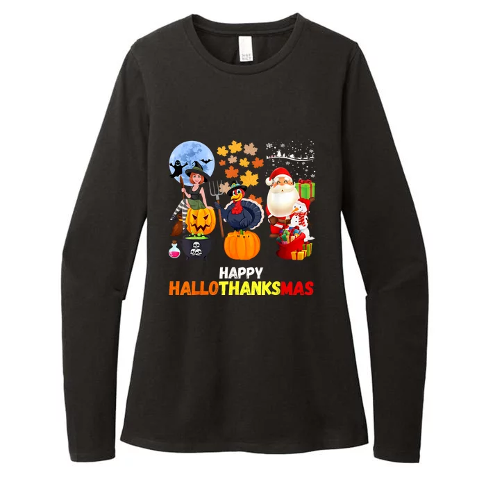 Happy Hallothanksmas Funny Halloween Thanksgiving Christmas Womens CVC Long Sleeve Shirt