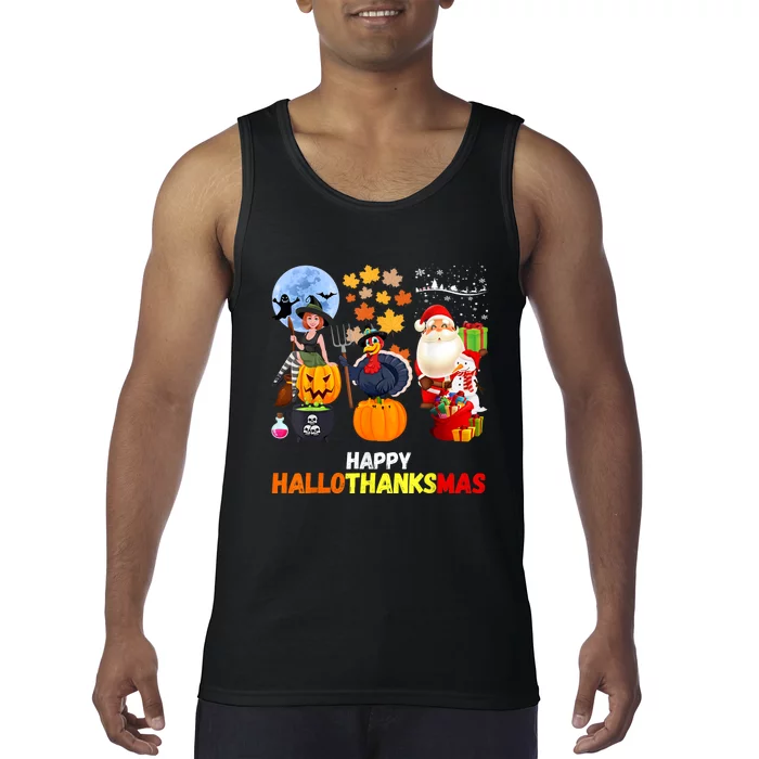 Happy Hallothanksmas Funny Halloween Thanksgiving Christmas Tank Top