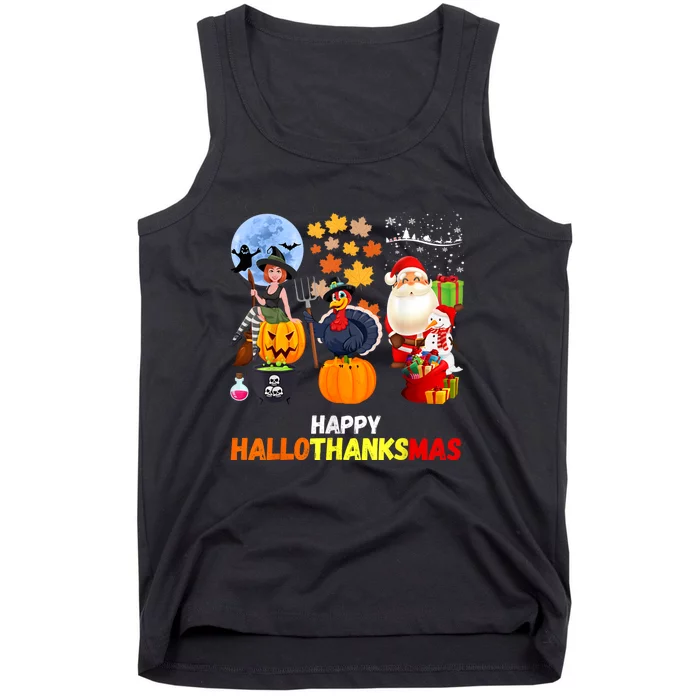 Happy Hallothanksmas Funny Halloween Thanksgiving Christmas Tank Top