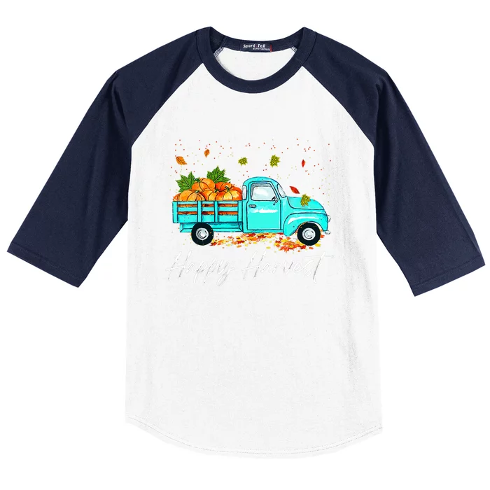 Happy Harvest Fall Season Pumpkin Truck Thanksgiving Vintage Baseball Sleeve Shirt