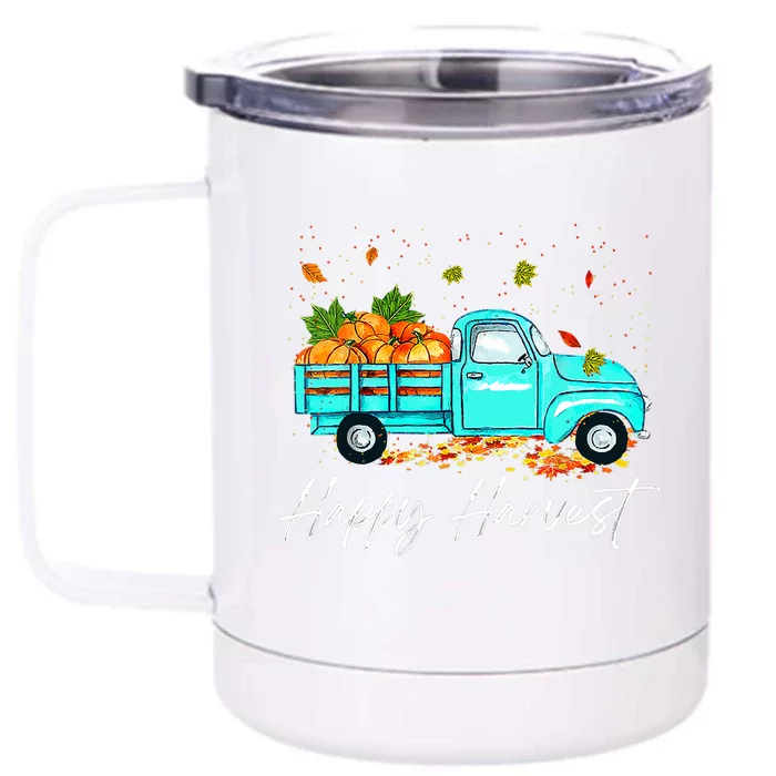 Happy Harvest Fall Season Pumpkin Truck Thanksgiving Vintage Front & Back 12oz Stainless Steel Tumbler Cup