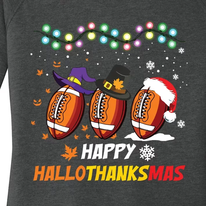 Happy Hallothanksmas Football Halloween Thanksgiving Xmas Women's Perfect Tri Tunic Long Sleeve Shirt