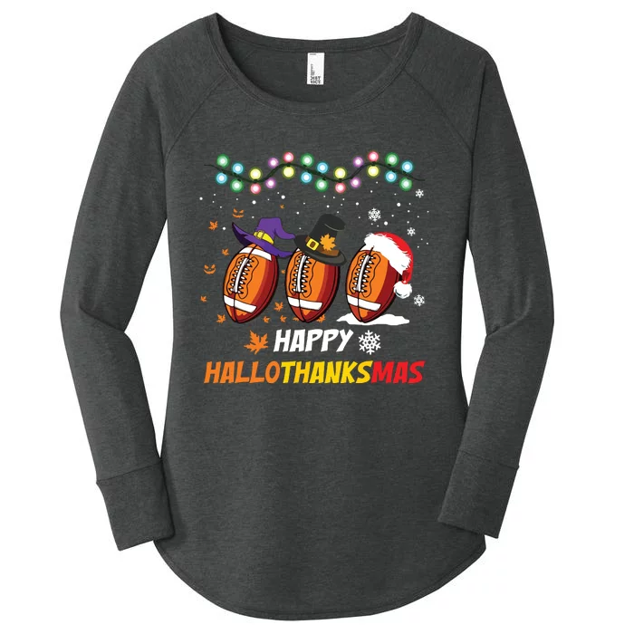 Happy Hallothanksmas Football Halloween Thanksgiving Xmas Women's Perfect Tri Tunic Long Sleeve Shirt