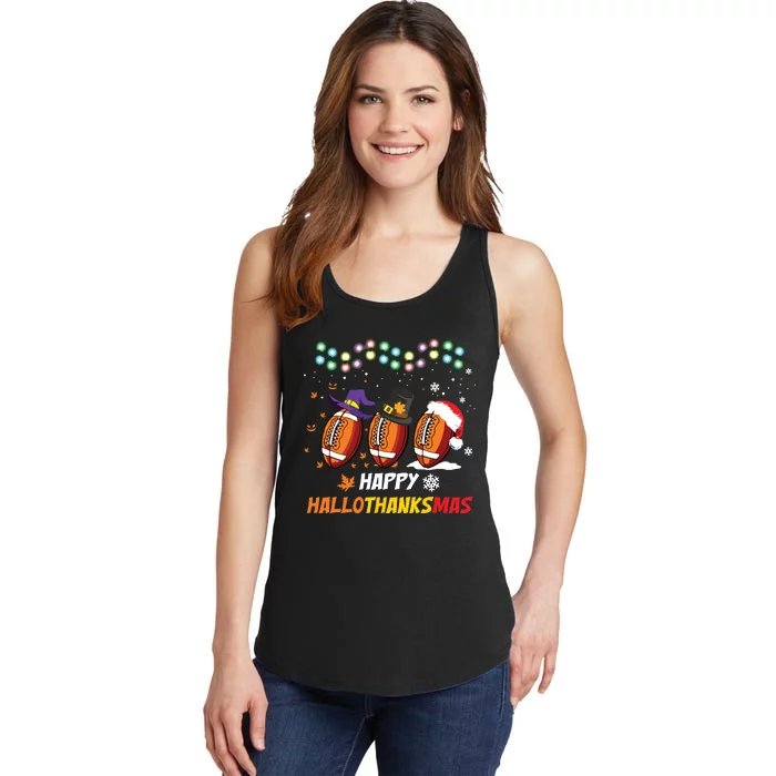 Happy Hallothanksmas Football Halloween Thanksgiving Xmas Ladies Essential Tank