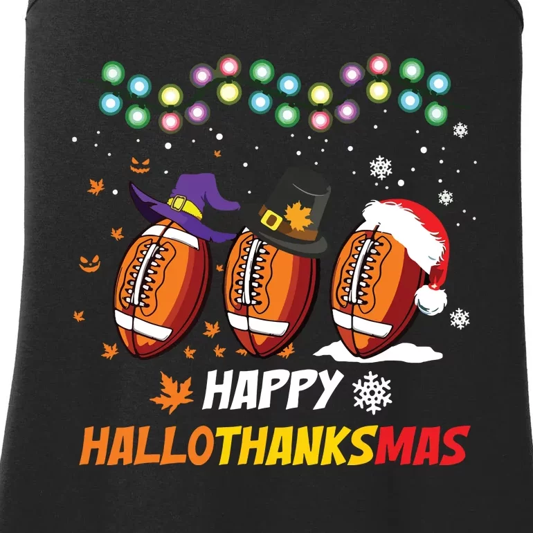 Happy Hallothanksmas Football Halloween Thanksgiving Xmas Ladies Essential Tank