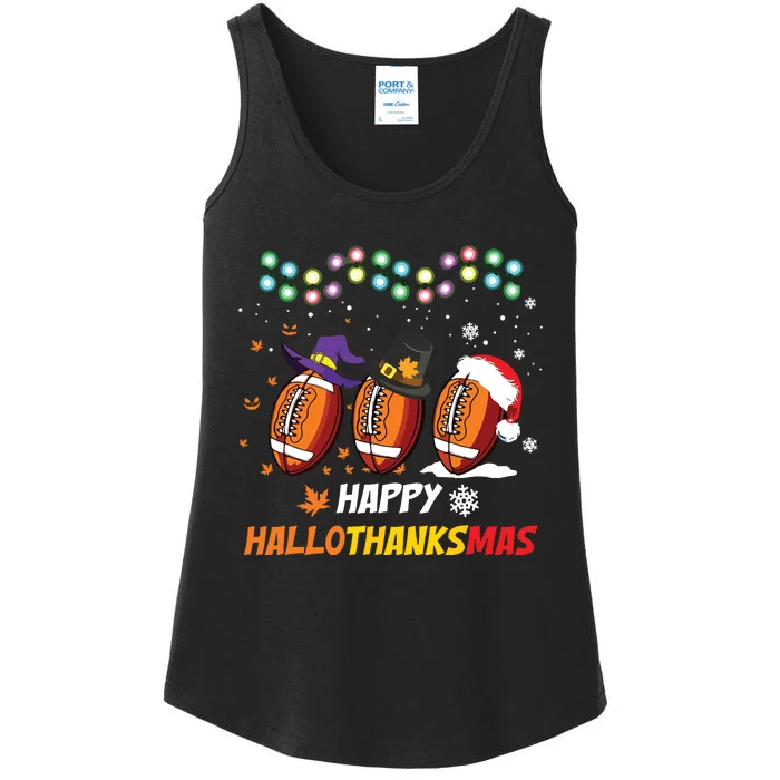 Happy Hallothanksmas Football Halloween Thanksgiving Xmas Ladies Essential Tank