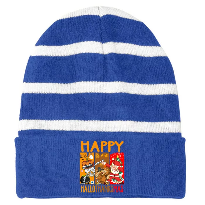 Happy Hallothanksmas Funny Skeleton Pumpkin Santa Dab Dance Cool Gift Striped Beanie with Solid Band