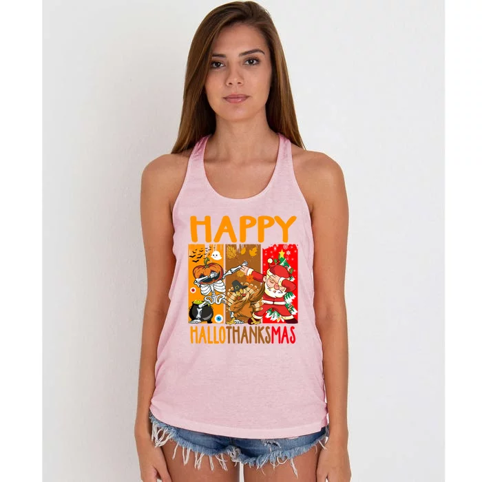 Happy Hallothanksmas Funny Skeleton Pumpkin Santa Dab Dance Cool Gift Women's Knotted Racerback Tank