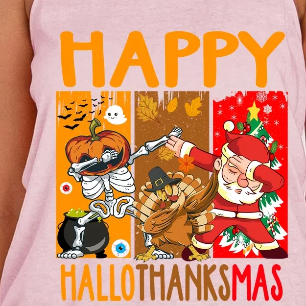 Happy Hallothanksmas Funny Skeleton Pumpkin Santa Dab Dance Cool Gift Women's Knotted Racerback Tank