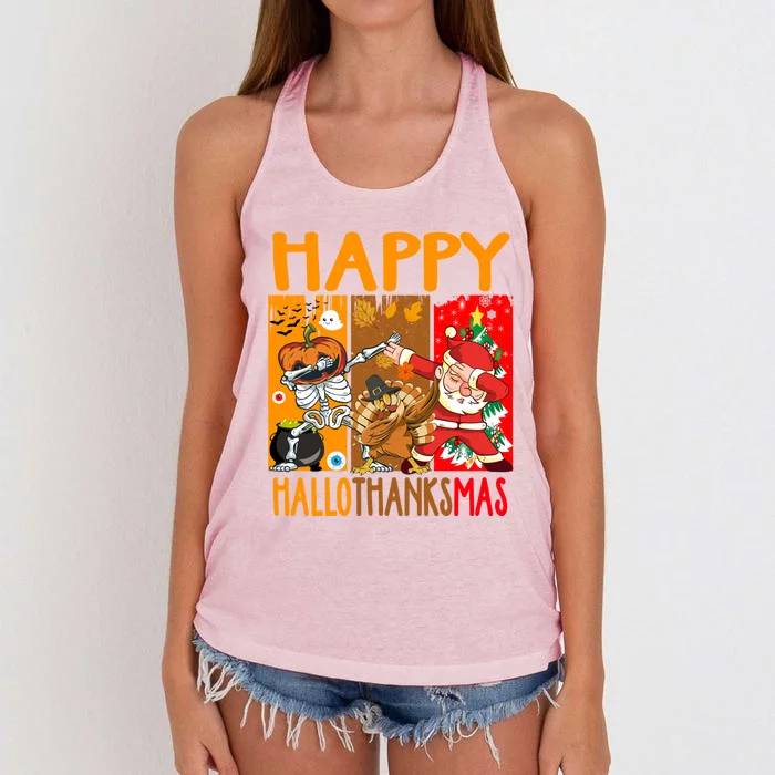 Happy Hallothanksmas Funny Skeleton Pumpkin Santa Dab Dance Cool Gift Women's Knotted Racerback Tank