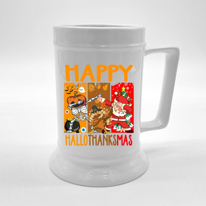 Happy Hallothanksmas Funny Skeleton Pumpkin Santa Dab Dance Cool Gift Front & Back Beer Stein