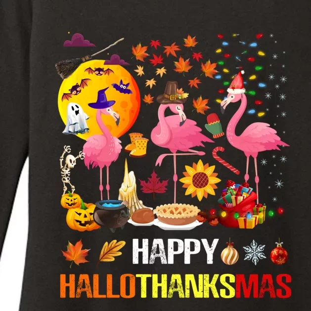 Happy Hallothanksmas Flamingo Halloween Thanksgiving Xmas Gift Womens CVC Long Sleeve Shirt