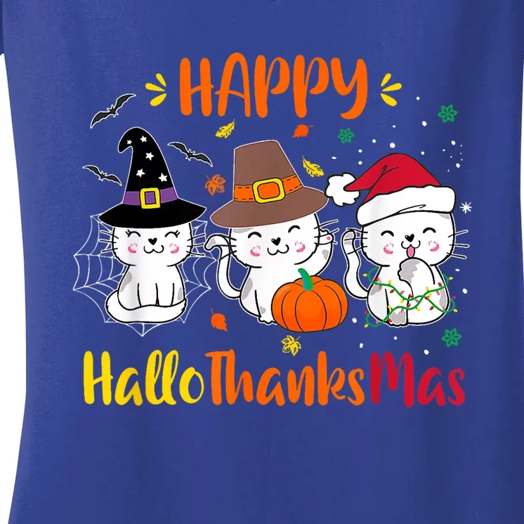 Happy Hallothanksmas Funny Cute Cats Women's V-Neck T-Shirt